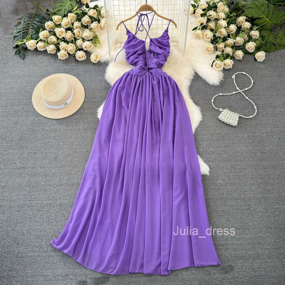 Gentle style hanging neck exposed back waist slimming A-line large hem dress seaside vacation beach dress elegant long skirt