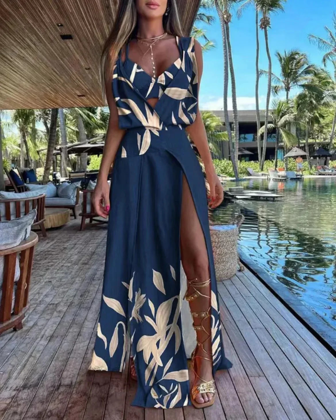 Sexy Women Sleeveless Plunge High Slit Maxi Dress with Bra Top 2023 Summer Femme Robe Casual Lady Clothing 240530