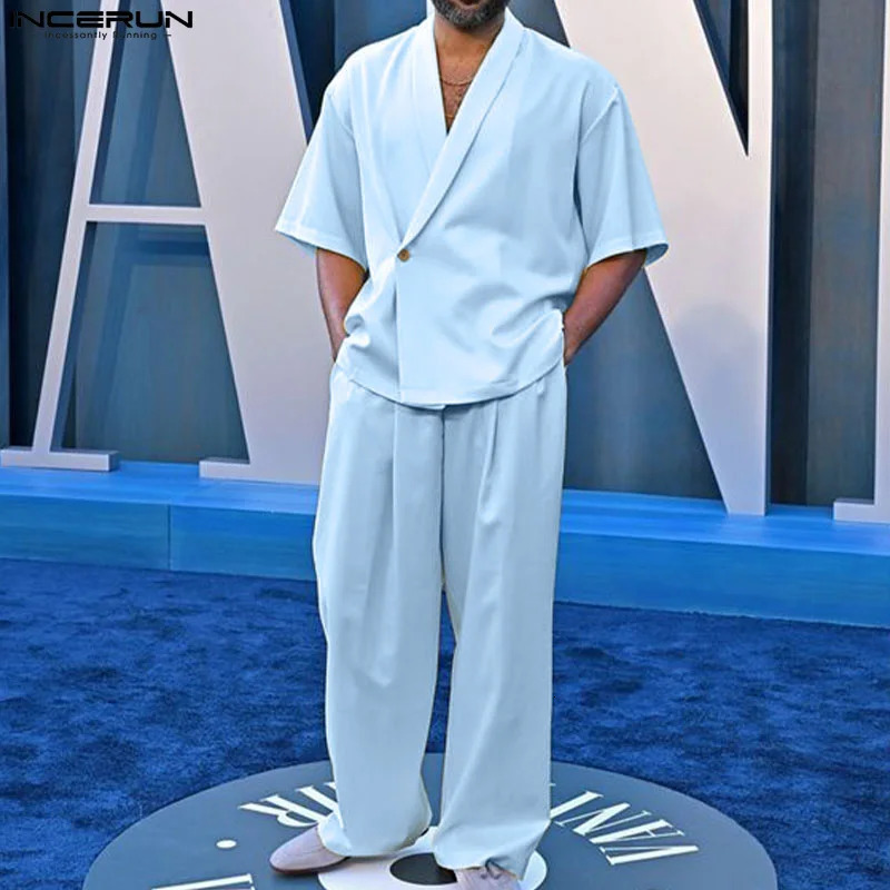 INCERUN 2024 American Style Sets Fashion Mens Solid Short Sleeved Suits Long Pants Casual Streetwear Male Two-piece Sets S-5XL 240530