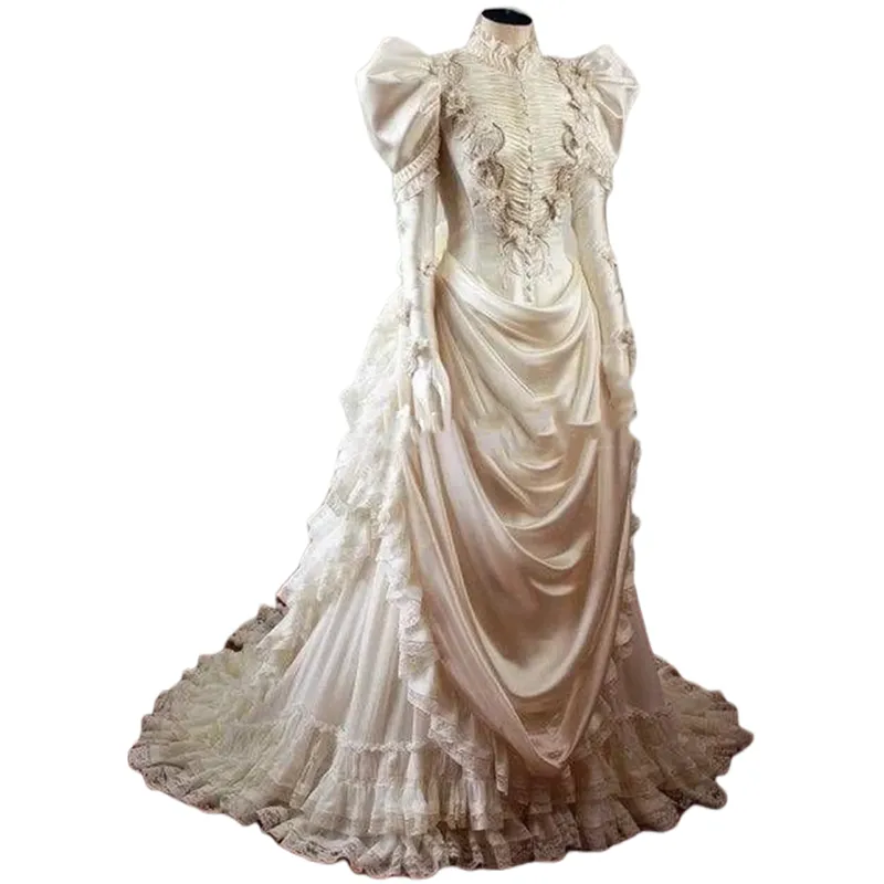 Victorian Wedding Dresses With Puffy Sleeves High Neck Historical Medieval Bridal Gowns Tiered Lace Ruched corset Masquerade dress