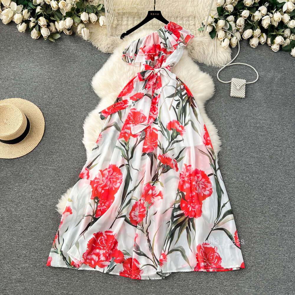 High end vacation dress for women with sexy slanted collar off shoulder ruffled edge slim fit long printed chiffon skirt