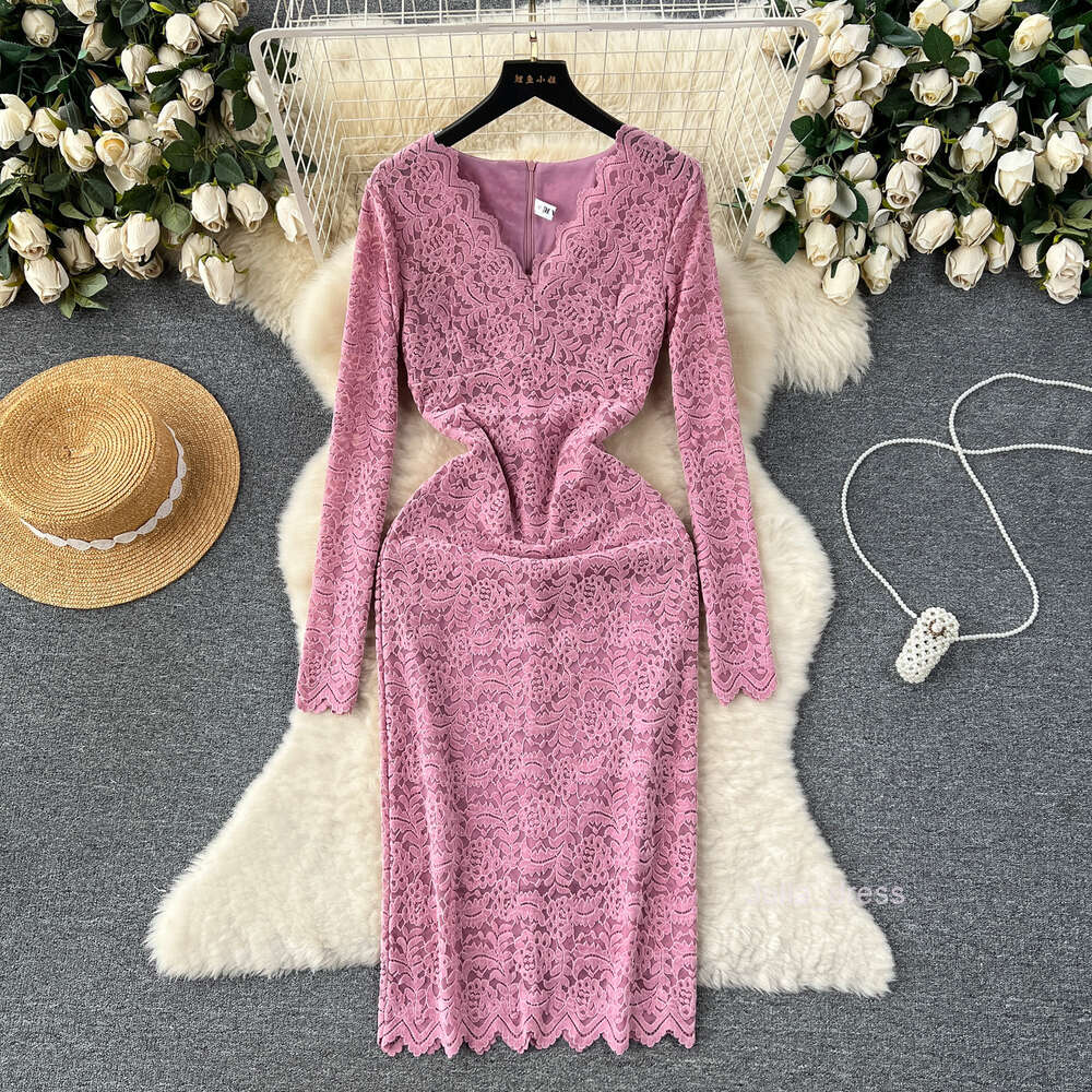 Light mature style womens clothing temperament V-neck slim fit mid length lace bottom skirt 2024 spring long sleeved dress for women
