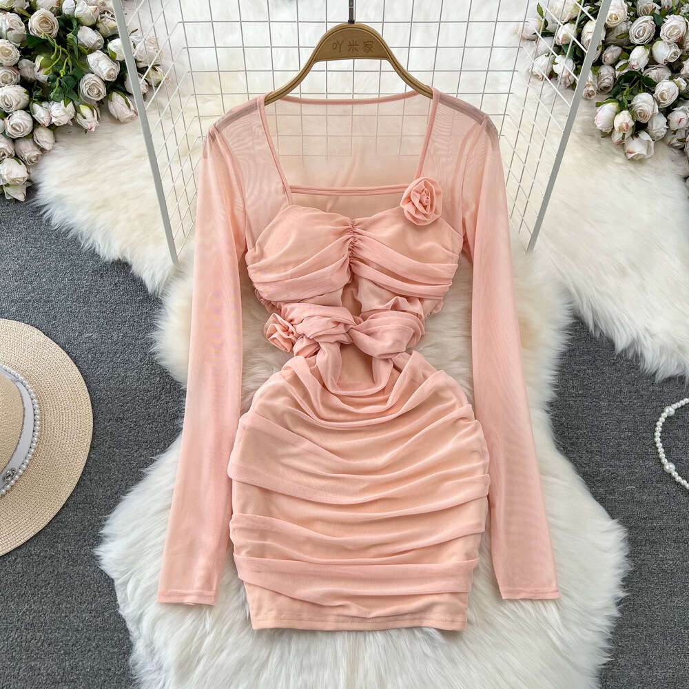 Spring and Autumn Pure Lust Spicy Girl Sexy Long Sleeve Square Neck Waist Shrinking Mesh Perspective 3D Flower Wrap Hip Dress