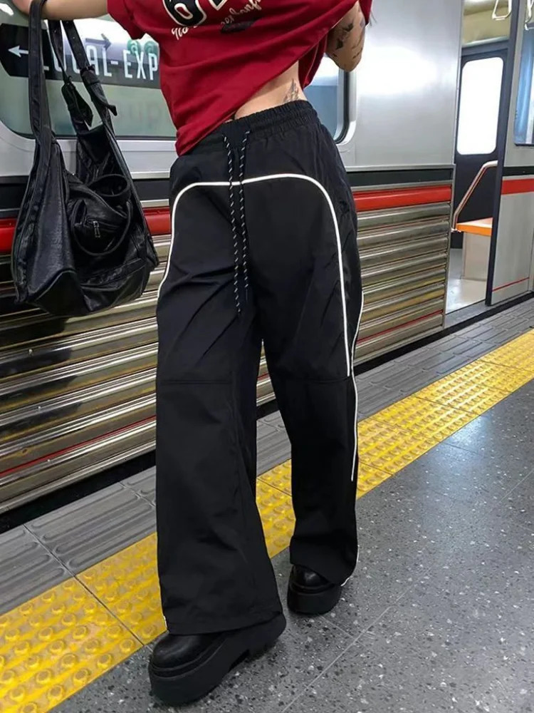 HOUZHOU Harajuku Y2k Sweatpants Women Joggers Oversize Streetwear Wide Leg Techwear Casual Gorpcore Reflective Striped Trousers 240530