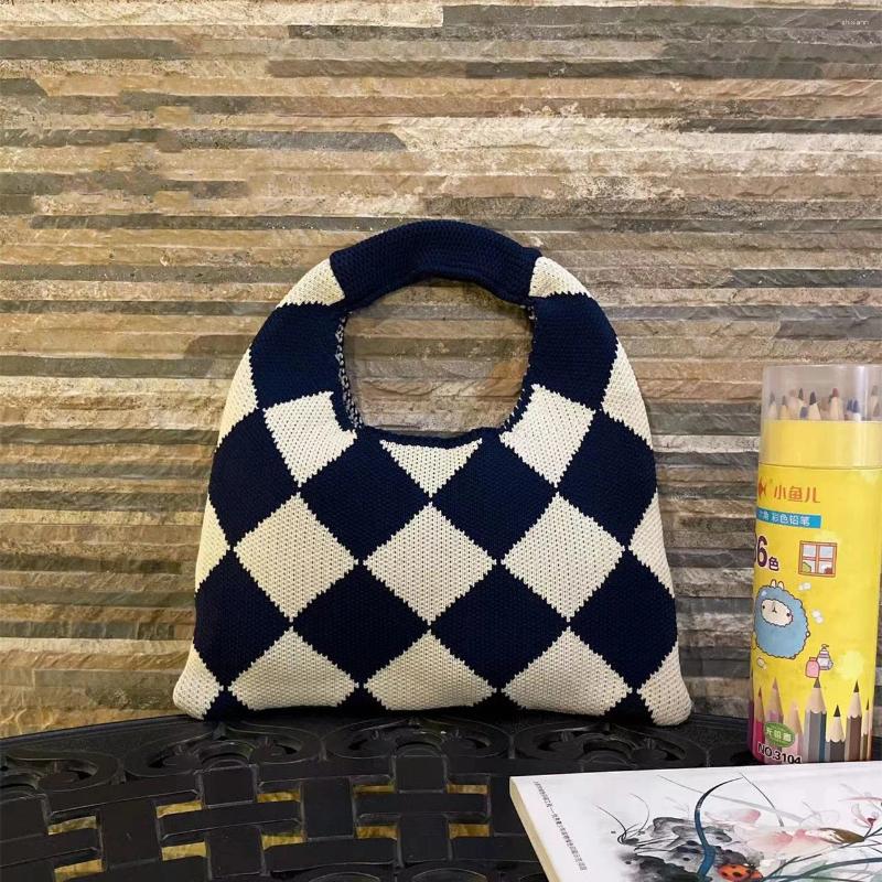 free shipping Evening Bags 2024 Plaid Knitting Women Shoulder Bag Fashion Hollow Out Tote Ladies Female Woven Shopper Wrist Purse Lady Crossbody Handb