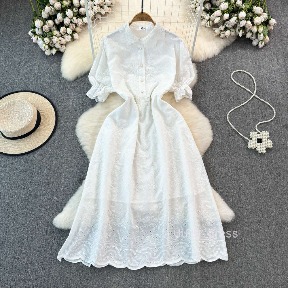 Fashionable and luxurious socialite temperament short sleeved lapel with waistband for slimming effect single breasted A-line hollow embroidered large