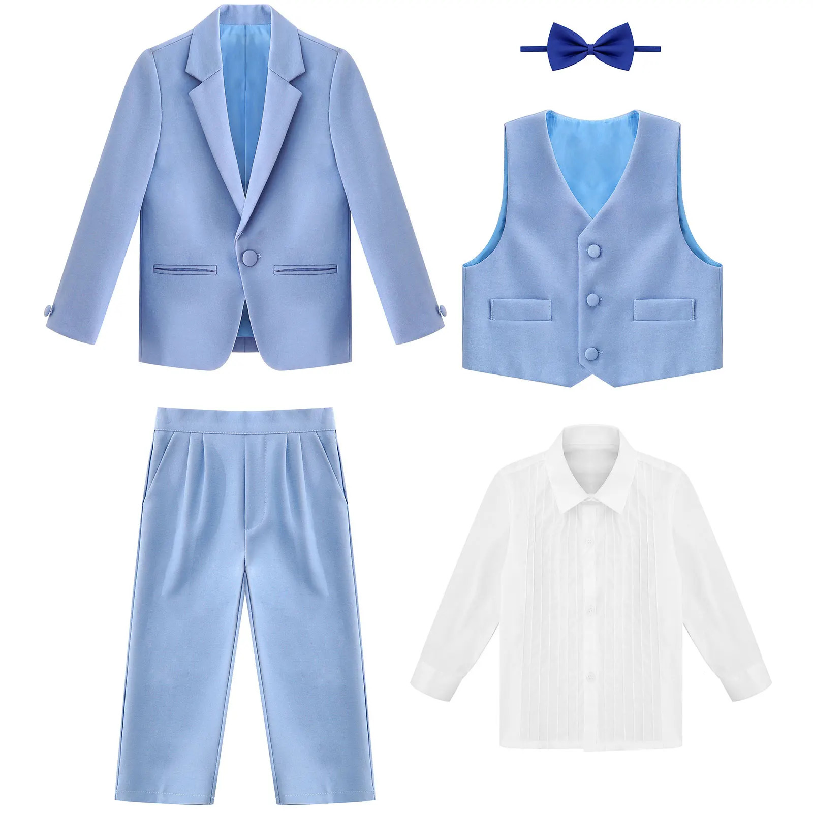 Baby Kids Boy Gentleman Suit 5Pcs Set Blazer Shirt Vest Bow Tie Pants Christening Wedding Birthday Party Stage Formal Clothing 240531