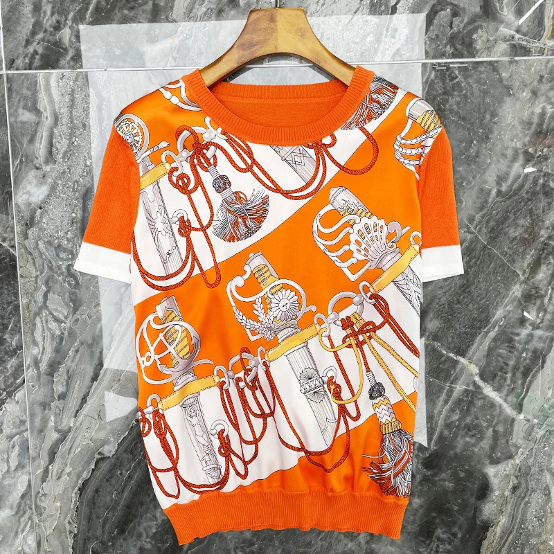 Summer Womens Geometric Printed pullover Casual Tshirts Fashion Loose Spliced Round Neck Short Sleeve Knitted Tops 240531