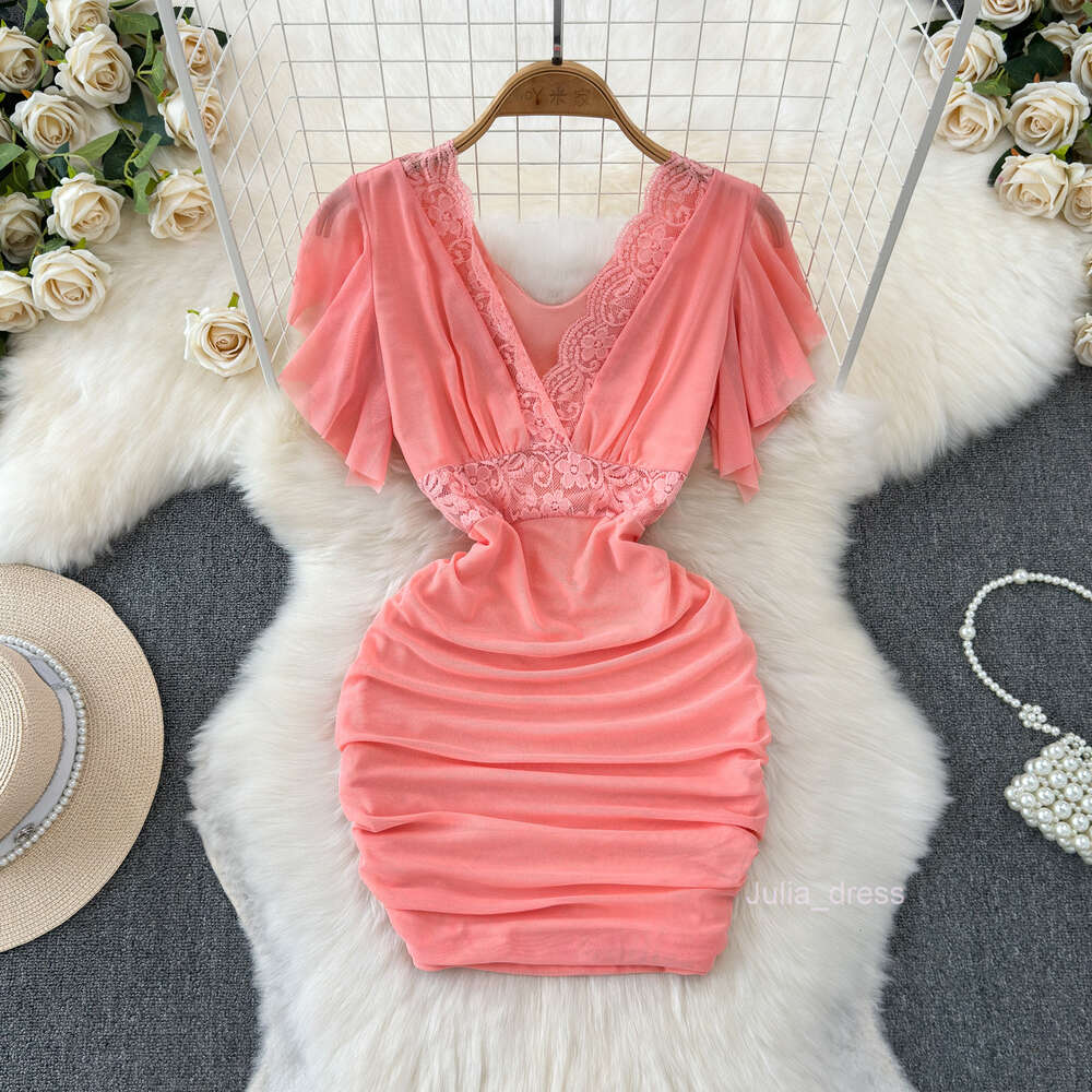 Lace hook flower low cut pure desire style dress with unique and elegant design tight fitting and slimming effect nightclub bar wrap hip skirt