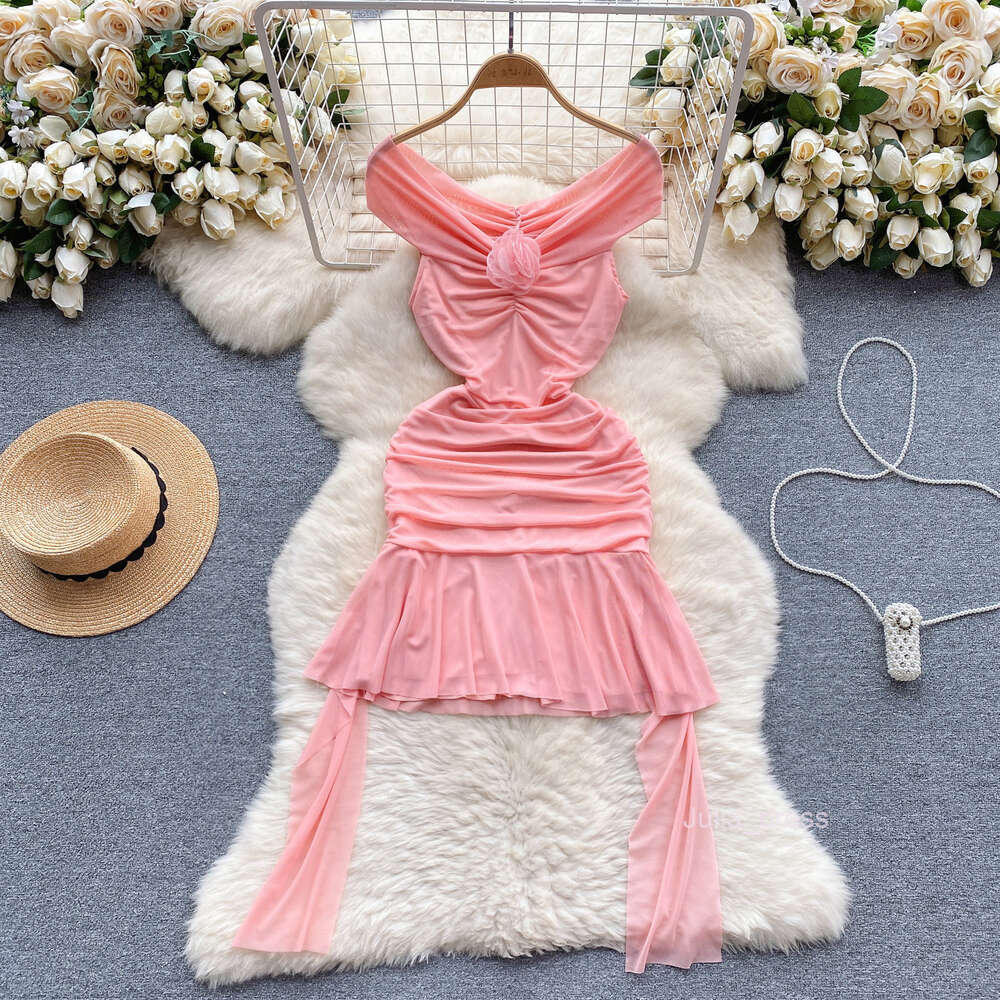 Pure desire dress womens design sense three-dimensional flower one line collar off shoulder pleated mesh slim fit short ruffle edge skirt