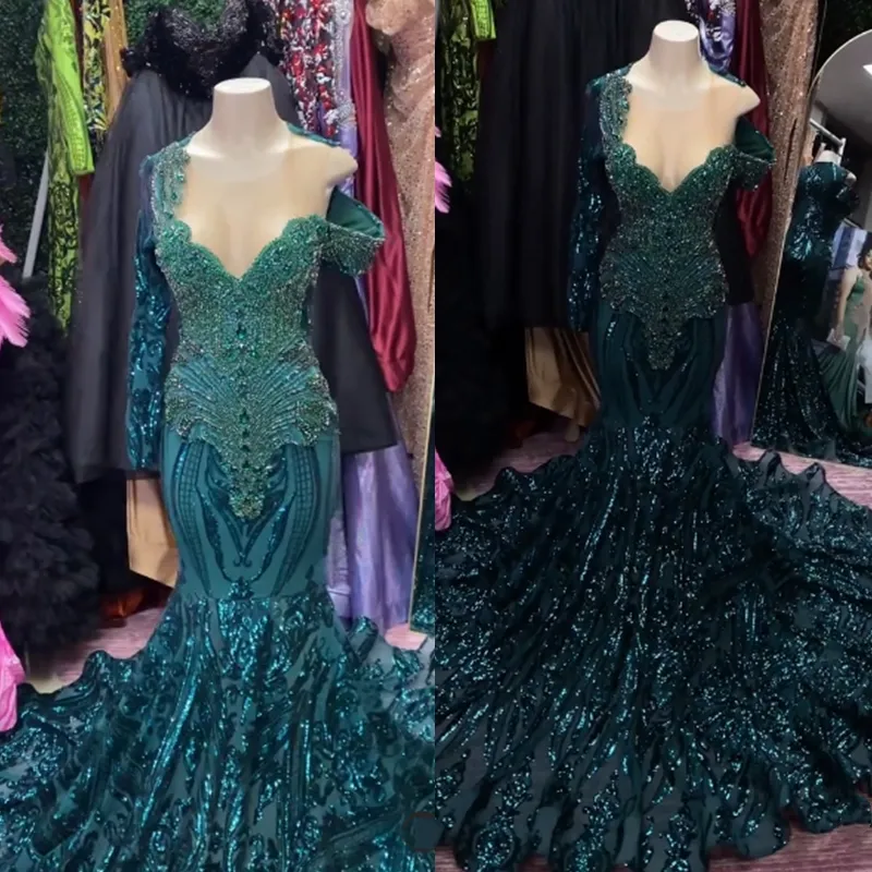 hunter green Mermaid Prom Dresses Crystals Beaded Evening Gowns black girl Long Sleeve Sexy Pageant Birthday Party Dress