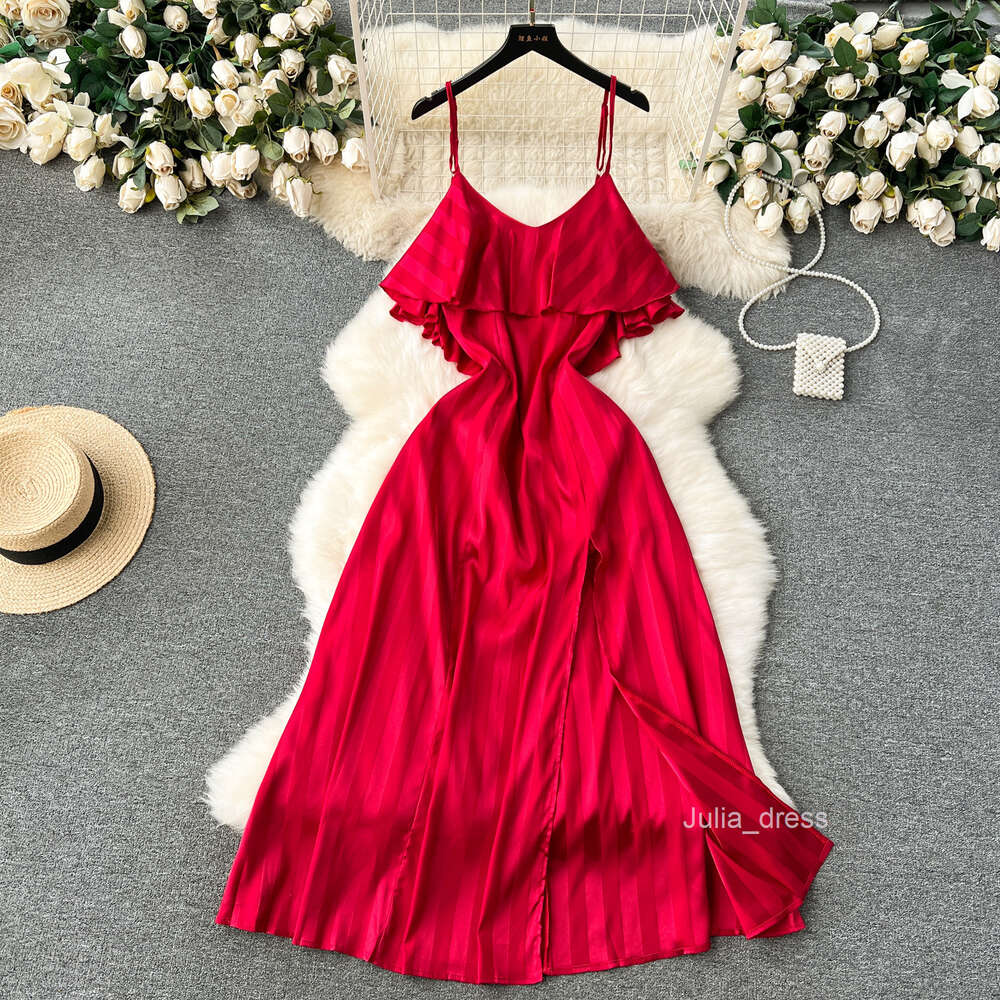 French style suspender dress for women with summer ruffle edge and slit design feeling niche light luxury super fairy like long skirt