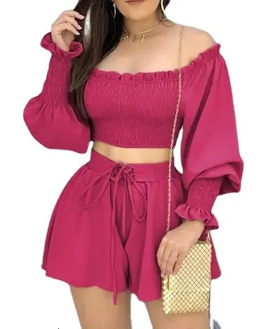 Sexy Off Shoulder Slash Neck T-shirt Shorts 2 Piece Sets Solid Long Sleeve Tops Lace Up Shorts Two Piece Set Women Outfit 240530