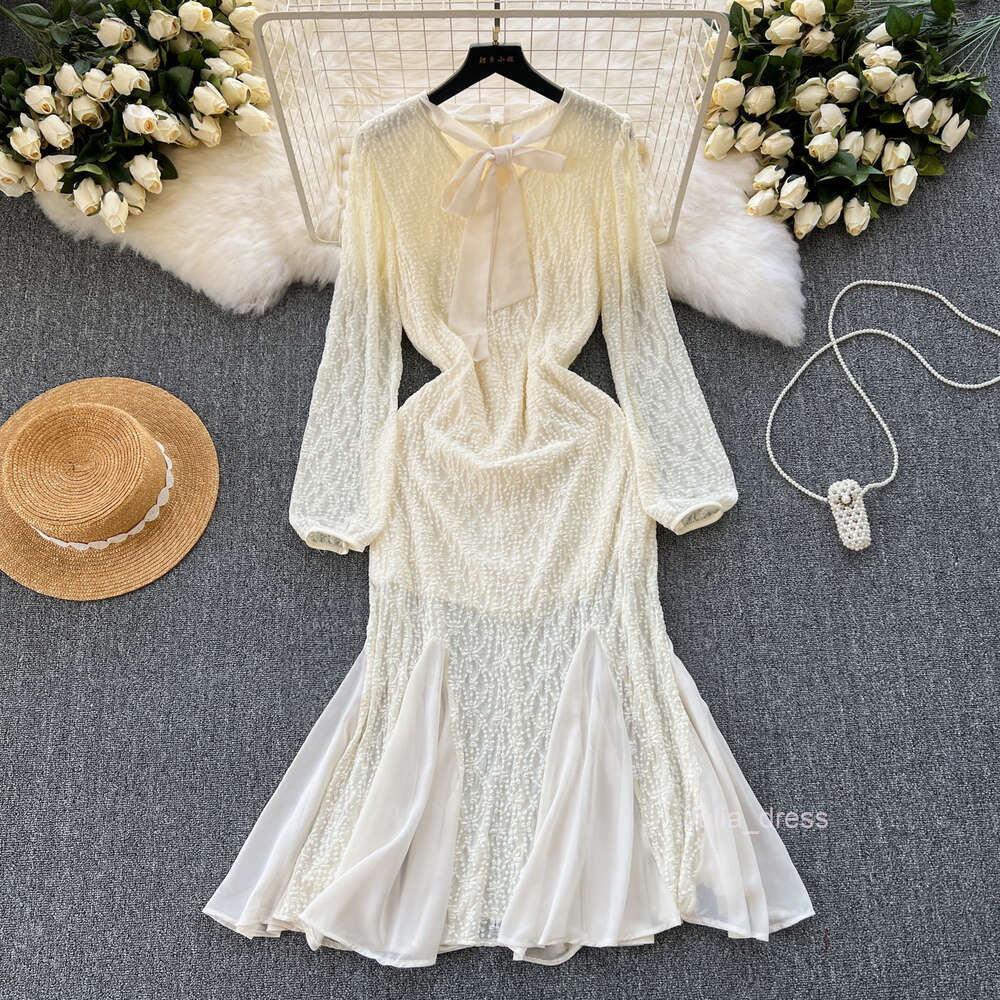 French Dress Womens 2024 New Sweet Bow Neck Slim Fit Mid length Chiffon Gentle Style Fishtail Dress
