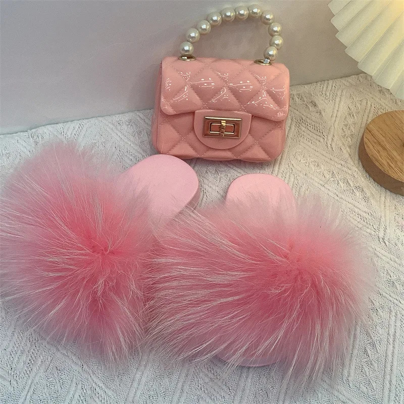 Kids Fox Fur Slippers and Purse Set Wholesale Furry Fluffy Fur Slideshow Toddler Girl Shoes Child Rainbow Sandals Jelly Bag Sets 240529