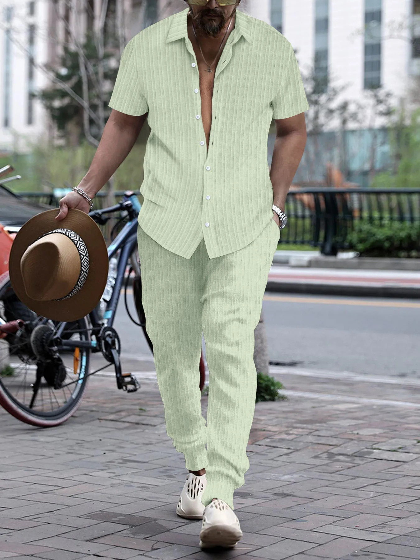 Mens Casual Stripe Two Piece Sets Solid Color Lapel Short Sleeve Tops And Long Pants Suits Spring Summer Sports Streetwear Cloth 240531