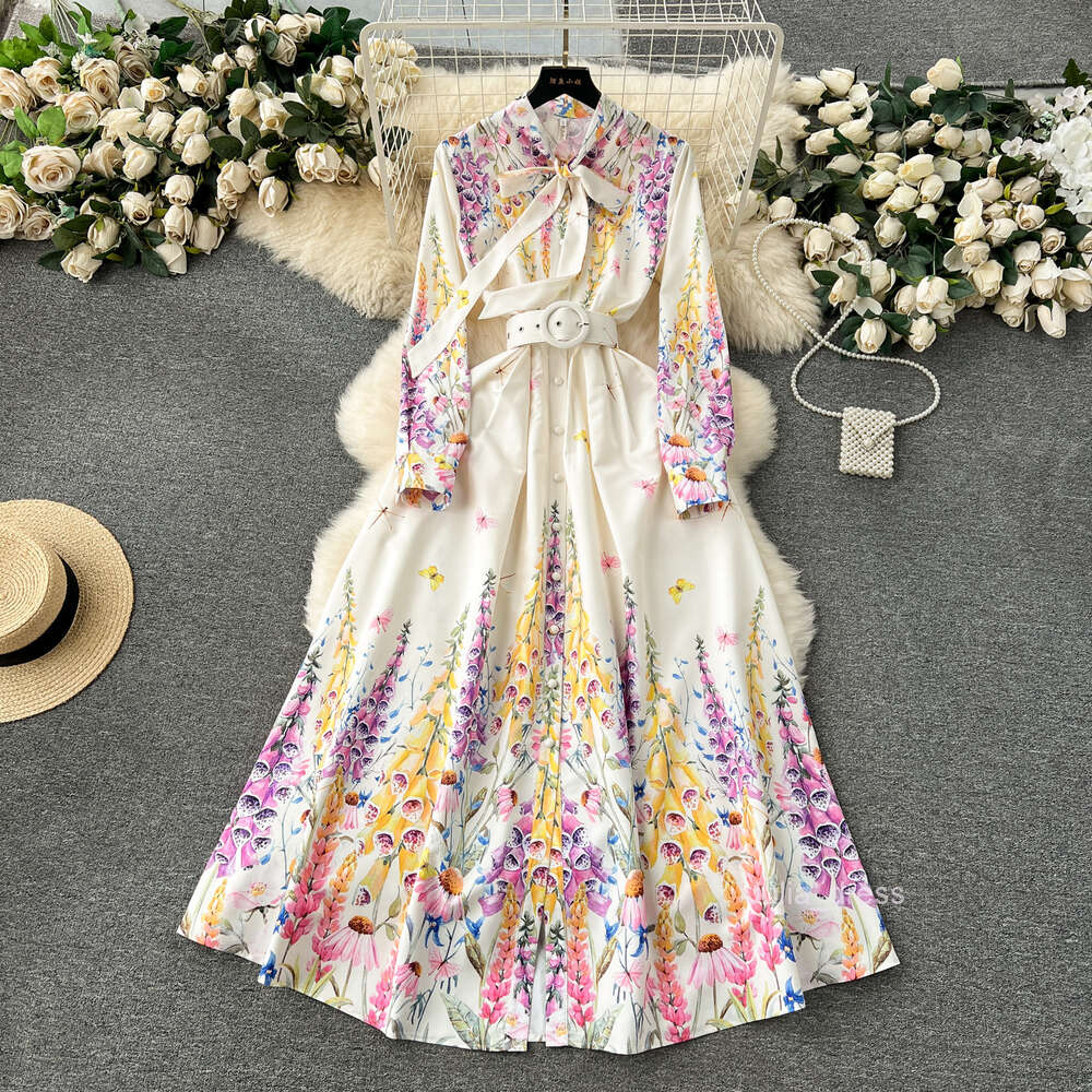 French court style dress high-end socialite bow neckline buckle slim fit long printed and elegant dress