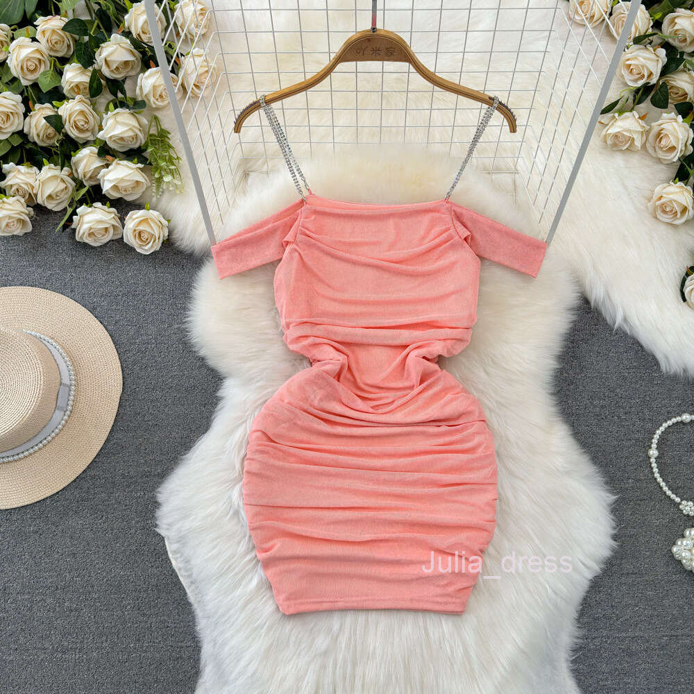 Summer Fashion New Sexy Nightclub Off the Shoulder Off the Shoulder Waist Slimming Short Mesh Wrap Hip Hanging Strap Dress