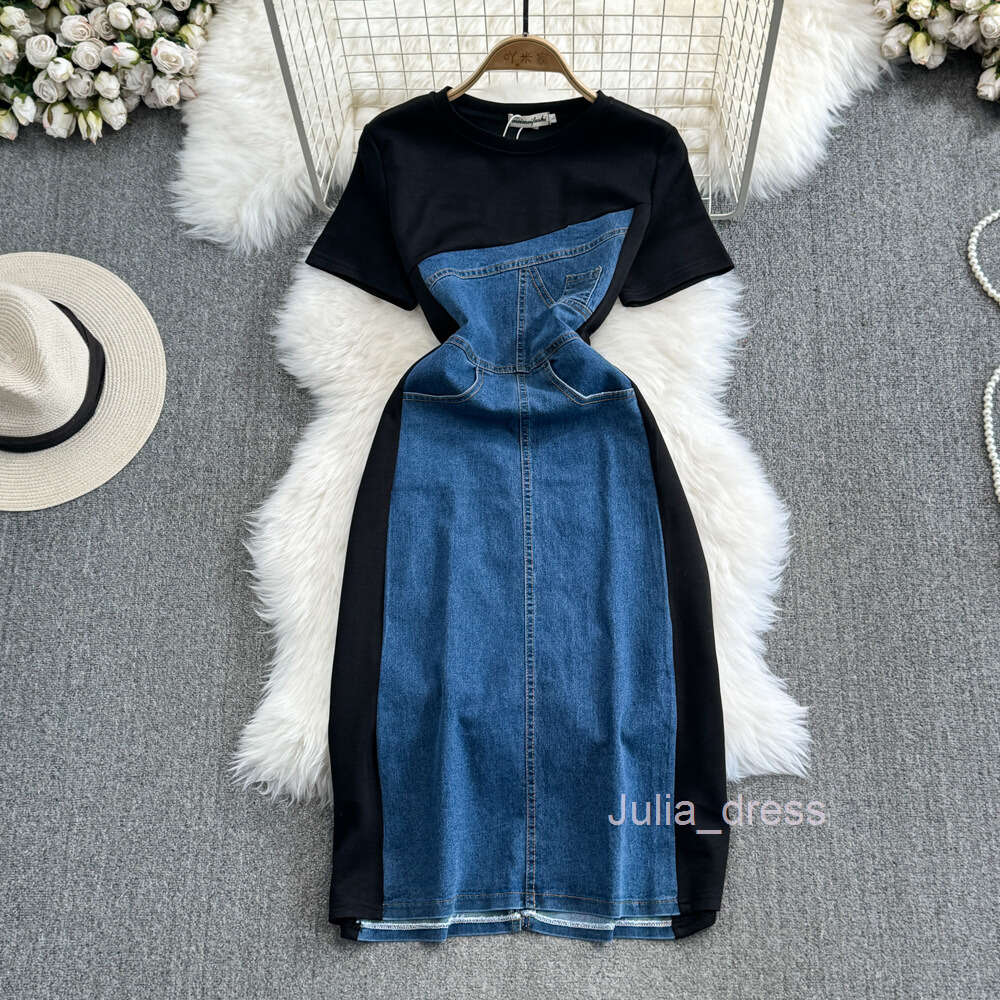 Summer Korean Fashion Fake Two piece Short sleeved Round Neck Waist Slimming Mid length A-line Spliced Denim Dress for Women