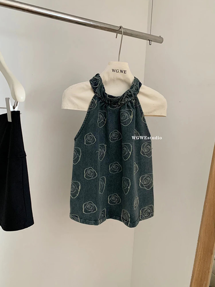 Summer Women Kpop Denim Tank Top 2000s Aesthetic Sleeveless Halter Coquette Gyaru Cute Core Korean Grunge Japanese Y2k Retro 240531