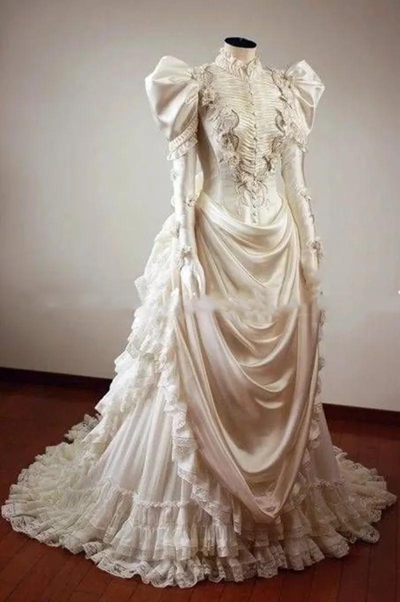 Victorian Wedding Dresses With Puffy Sleeves High Neck Historical Medieval Bridal Gowns Tiered Lace Ruched corset Masquerade dress