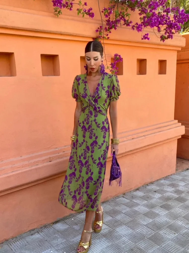 Elegant tight fitting printed twisted womens Midi dress fashionable V-neck short sleeved puff vest 2024 summer womens holiday chic vest 240516