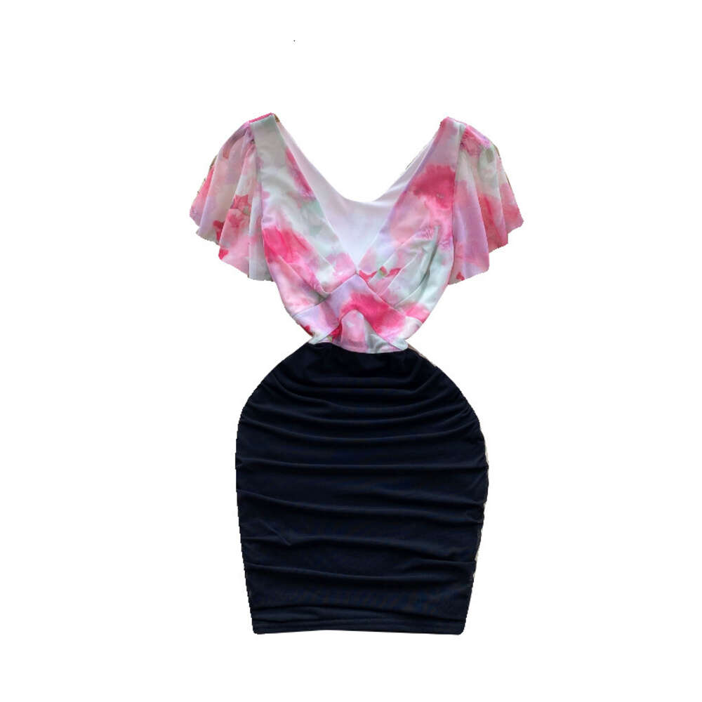 Nightclub womens sexy deep V-neck niche color blocking splicing waist tightening slimming sexy buttocks wrapped skirt small stature dress