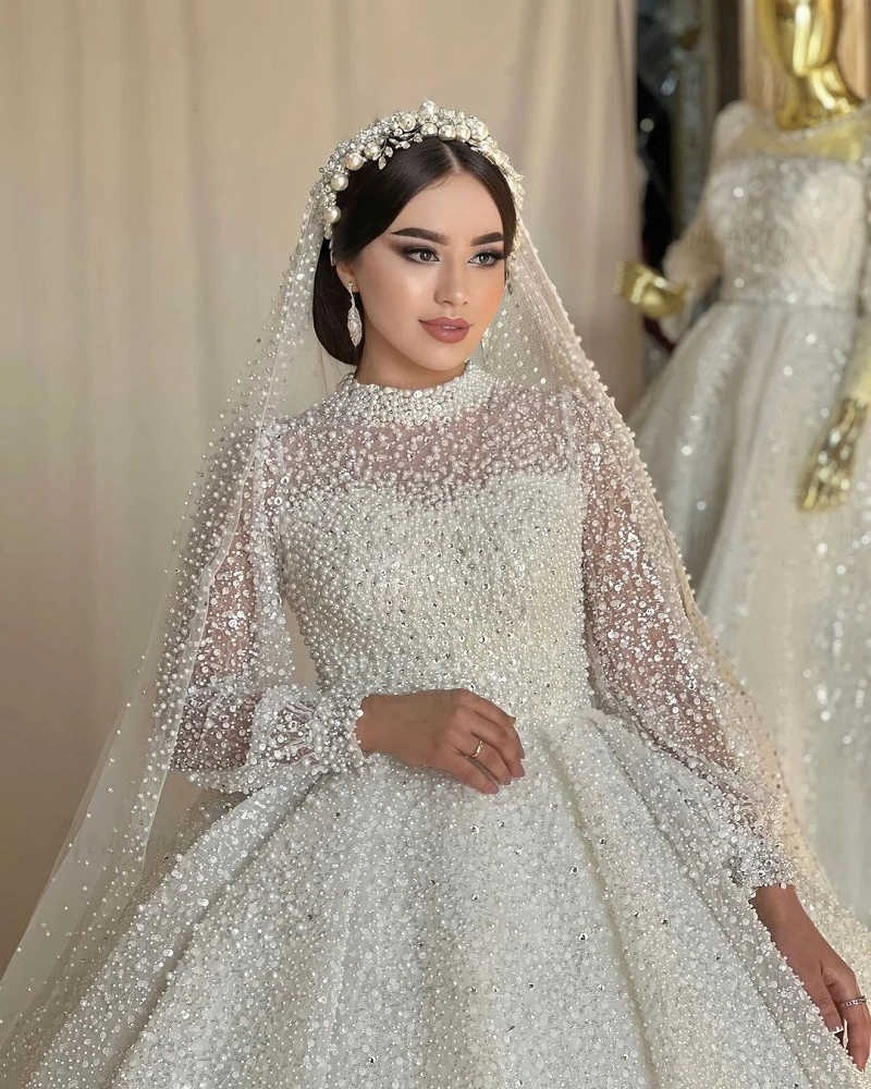 Gorgeous Crystal Wedding Dresses Pearls Bridal Ball Gowns High Neck Sequins Rhie Long Sleeve Custom Made Bride Vestido De Novia 0218