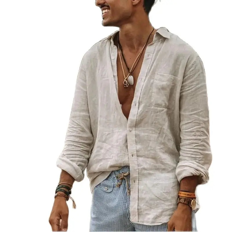 Summer Mens Linen Long Sleeve Shirt Thin Cool Clothes Loose Hawaiian Korean Fashion Street Dress Tshirt 240531