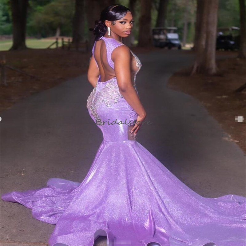 Sparkly Lilac Diamond Prom Dresses For Black Women Rhinestone Mermaid Plus Size Evening Dress Sweep Train Elegant Sixteen Birthday Party Dress Robe De