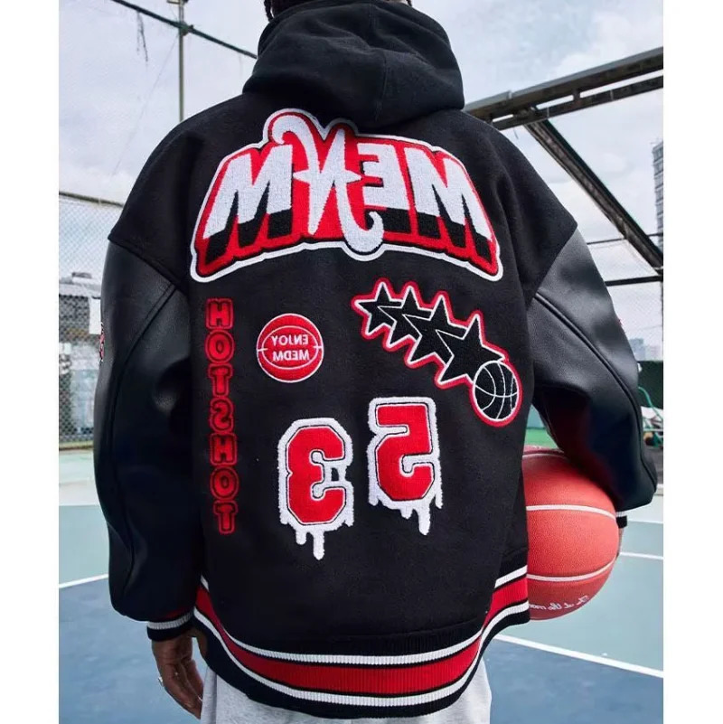 Bomber Jacket Men Women Flocking Hip Hop Loose Casual Patchwork Coat Unisex Embroidery High Street Varsity Baseball Outwear 240530