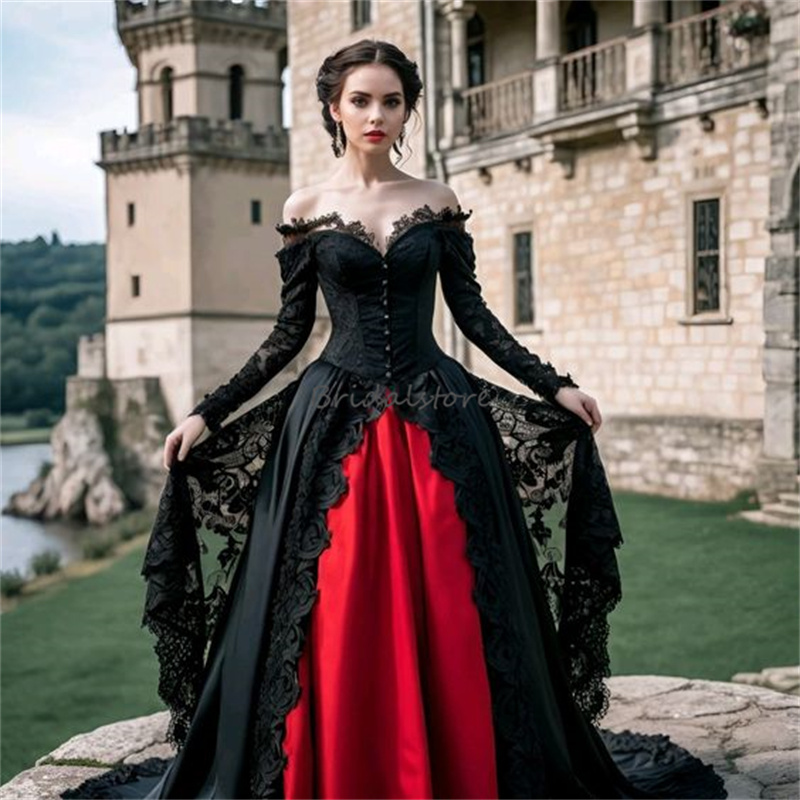 Medieval Victorian Gothic Black Wedding Dresses 2024 Renaissance Princess Long Sleeve Celtic Lace Off Shoulders Bridal Gowns Appliques Lace Wiccan Cou