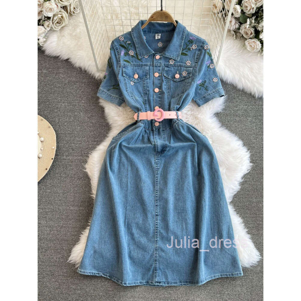 Fashionable socialite temperament embroidered short sleeved lapel with waistband for slimming effect medium length A-line denim shirt dress