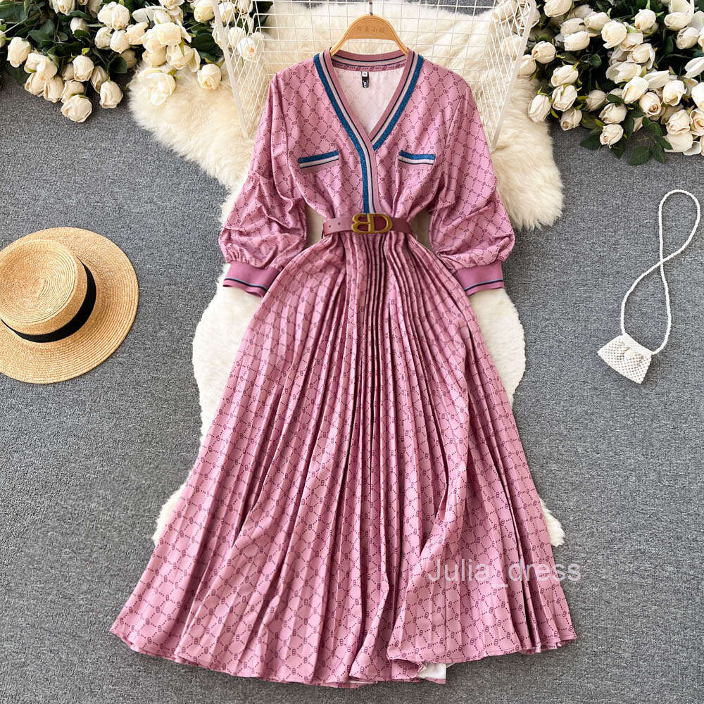2022 Autumn New Light Mature Style Fashion Print V-Neck Panel Pleated Contrast Color Dress Womens Big Swing Long Dress