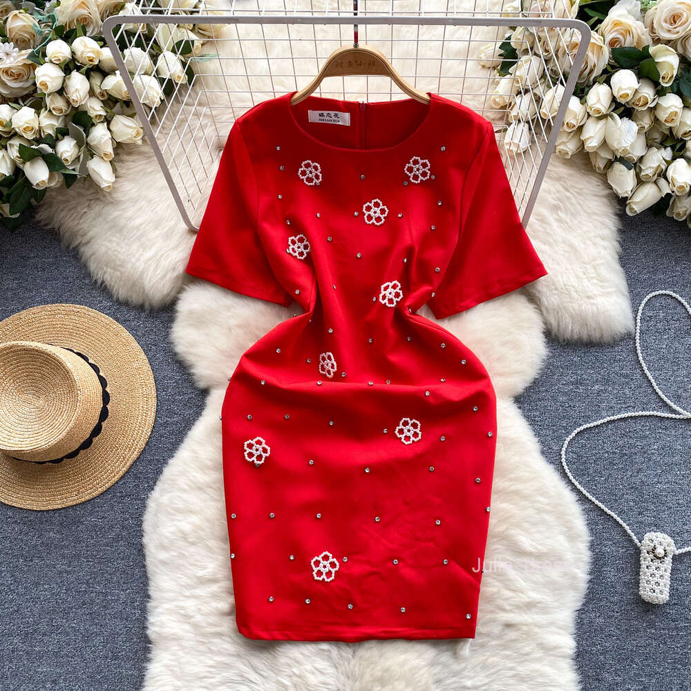 Light mature style womens clothing design sense Dingzhu flower light luxury inlaid diamond slim fit short dress with buttocks wrapped skirt temperamen