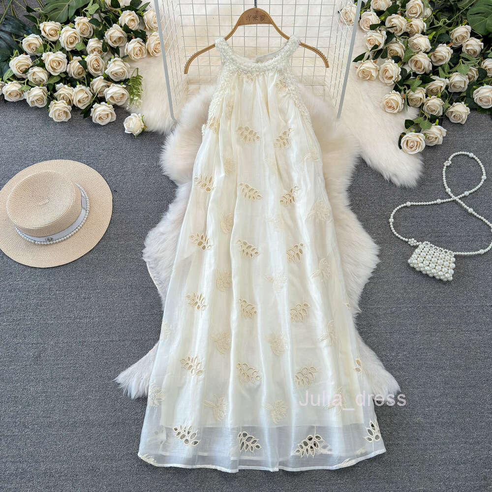 Fashionable and gentle style socialite temperament hanging neck off shoulder loose A-line embroidered dress seaside vacation long dress summer