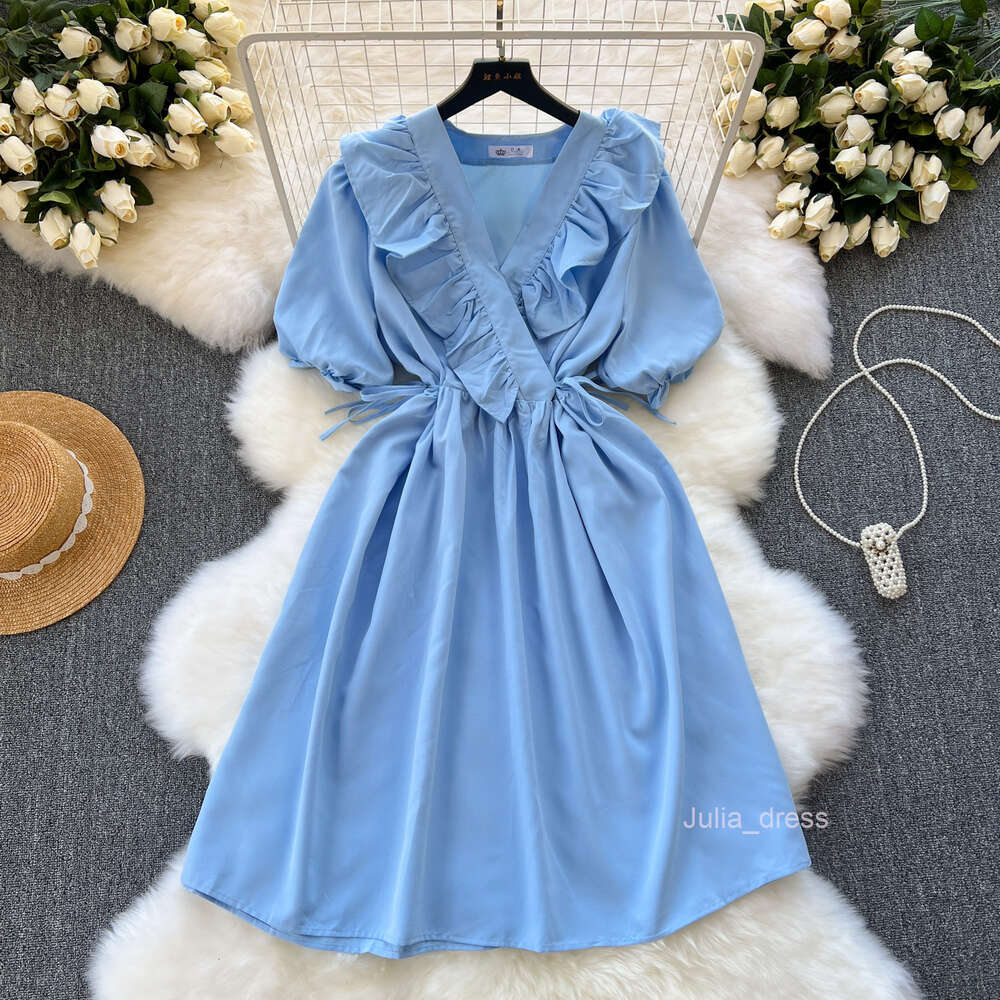 Korean style dress with sweet ruffled edges and V-neck straps for slimming waist and reducing age. New style for womens spring wear with bubble sleeve