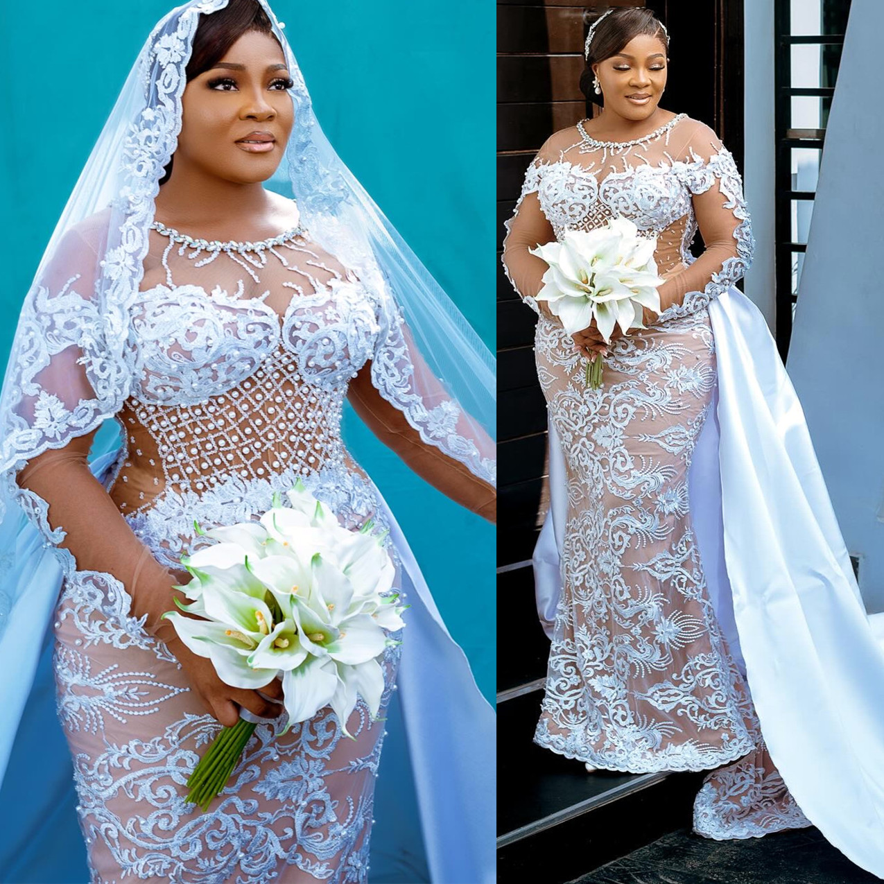 2024 Arabic Aso Ebi Plus Size White Illusion Mermaid Wedding Dress Pearls Crystals Lace Beaded Bridal Gowns Dresses ZJ0332