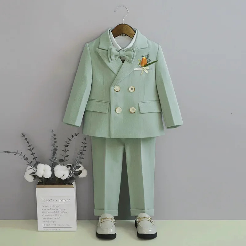 Boys Birthday Blazer Set Spring Toddler School Uniform Outfits Green Handsome Flower Child Wedding Costume 2 3 4 6 8 Years 240531