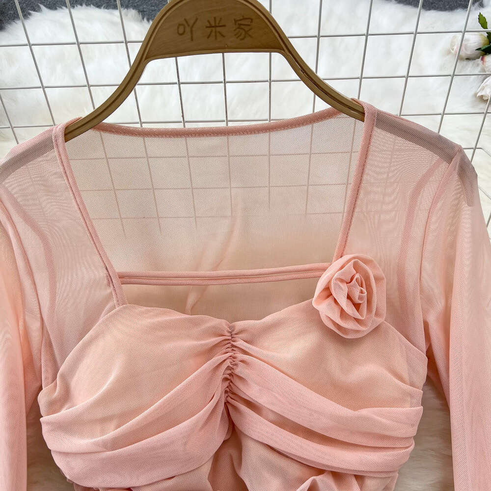 Spring and Autumn Pure Lust Spicy Girl Sexy Long Sleeve Square Neck Waist Shrinking Mesh Perspective 3D Flower Wrap Hip Dress