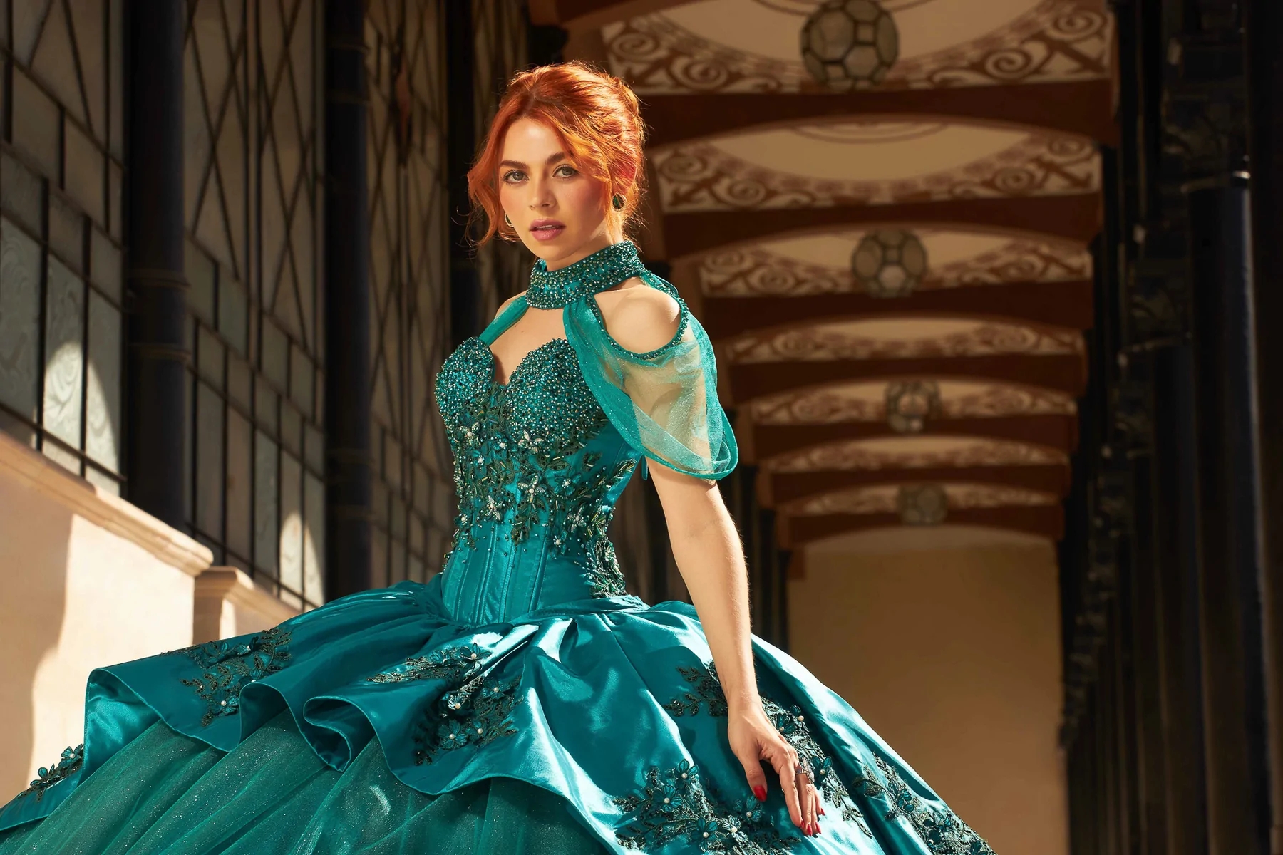 Teal Mexican Quinceanera Dresses Ball Gown Sweetheart Sparkly Floral Pearls Puffy Charro Sweet 16 Dresses 15 Anos