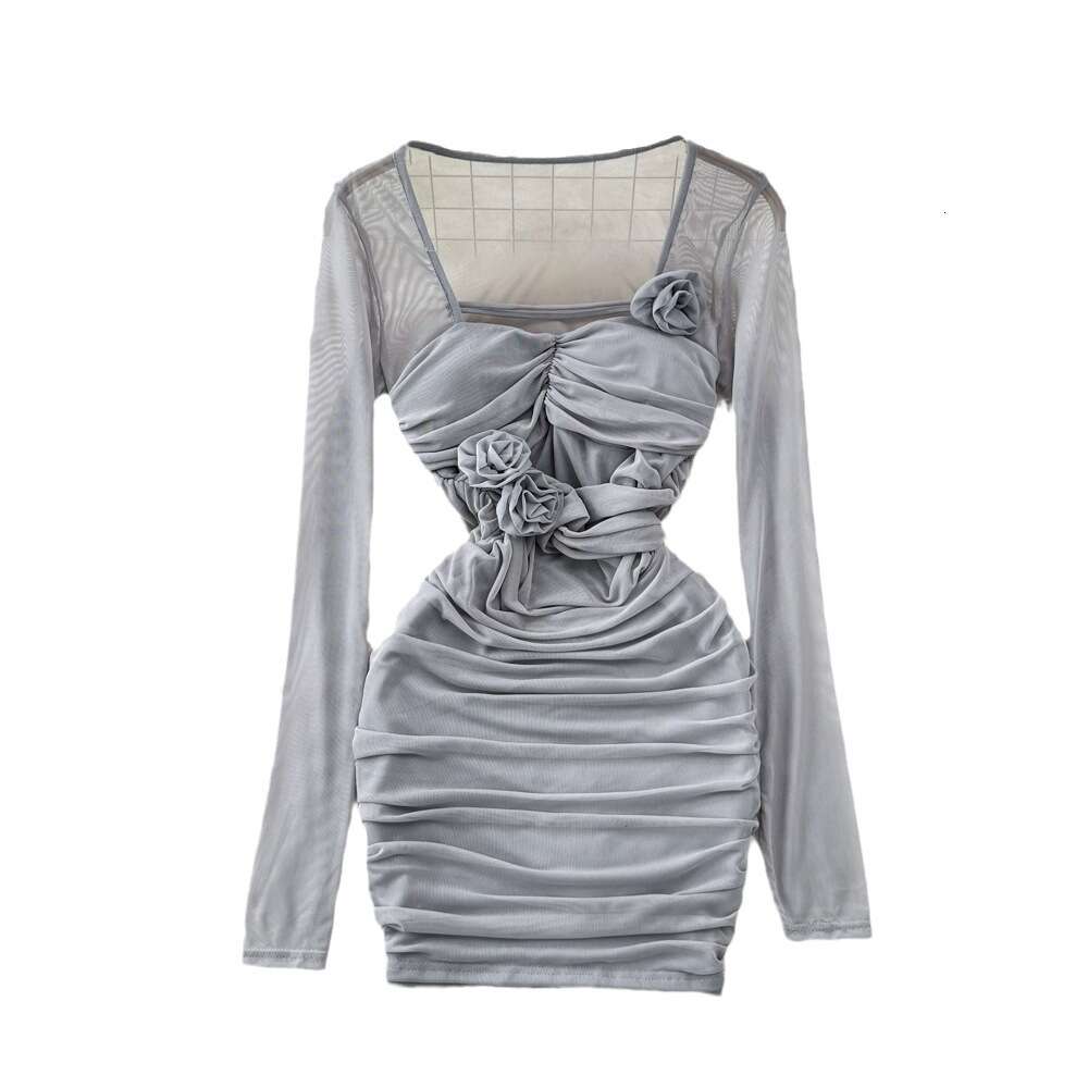 Spring and Autumn Pure Lust Spicy Girl Sexy Long Sleeve Square Neck Waist Shrinking Mesh Perspective 3D Flower Wrap Hip Dress