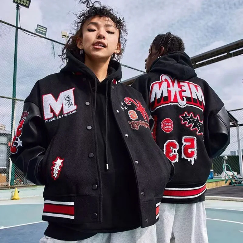 Bomber Jacket Men Women Flocking Hip Hop Loose Casual Patchwork Coat Unisex Embroidery High Street Varsity Baseball Outwear 240530
