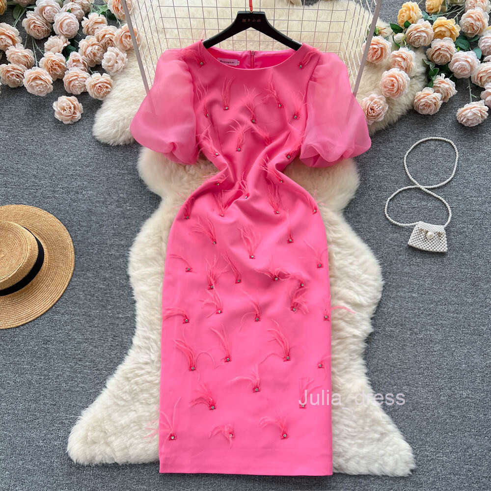 French haute couture heavy work nail diamond feather tassel round neck dress for women to show slimming temperament bubble sleeve dress long skirt