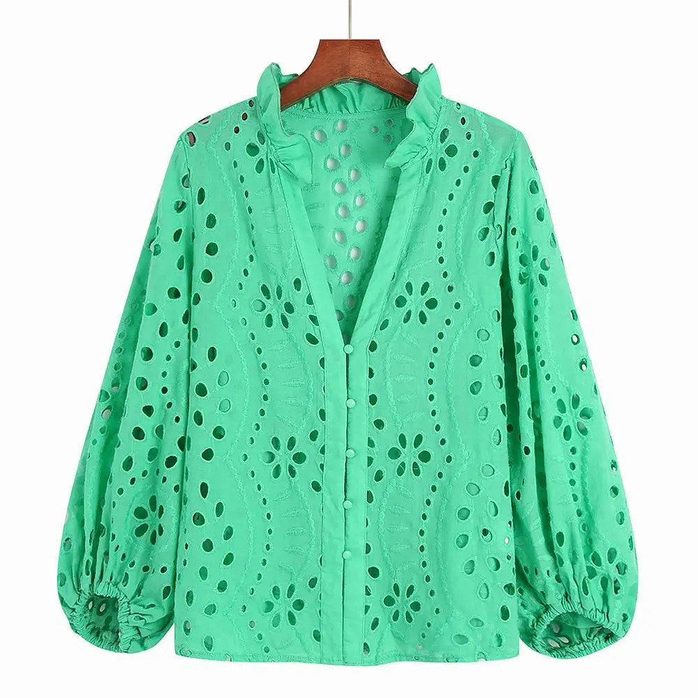 Women Lace Shirt Hollow Out Embroidery Blouse White Blue Green Rose Pink Summer Clothing Modern Girl Blusa Tops 240531