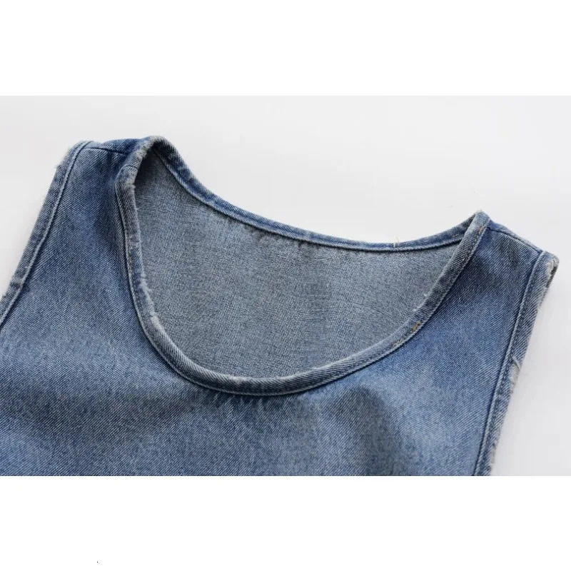 TRAF ZR Womens Denim Xlong Tank Top ONECK Side Splits Self Tied Belt Comfy Sleeveless Jean Tops Hem Frayed Tanks Camis 240531