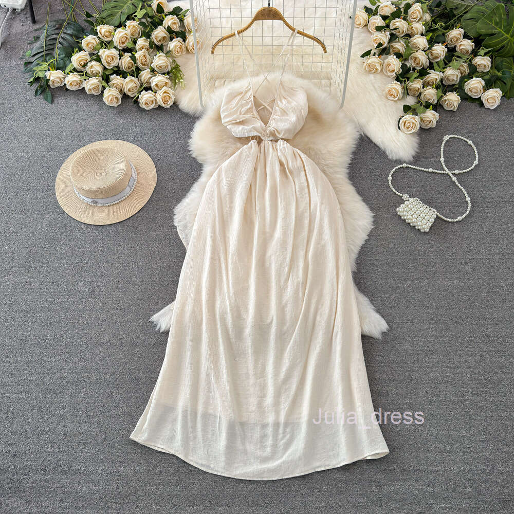Gentle and socialite temperament V-neck hanging neck off shoulder waist slimming A-line solid color dress seaside vacation long dress