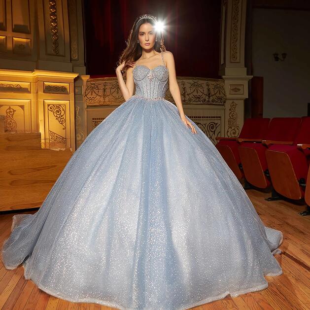 Sky Blue Mexican Quinceanera Dresses Ball Gown Spaghetti Straps Sparkly Beaded Puffy Charro Sweet 16 Dresses 15 Anos