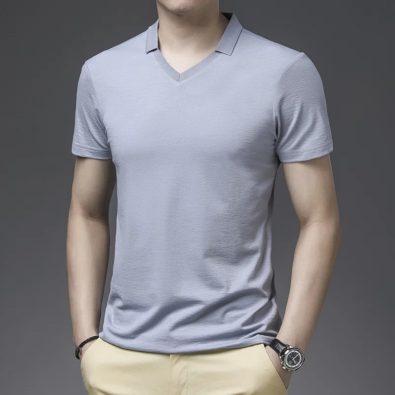 Summer Polo Shirt Short Sleeve Vneck Ice Silk Solid Color Tshirt Male Top with Collar Golf Tees Navy Blue Poloshirt 240531