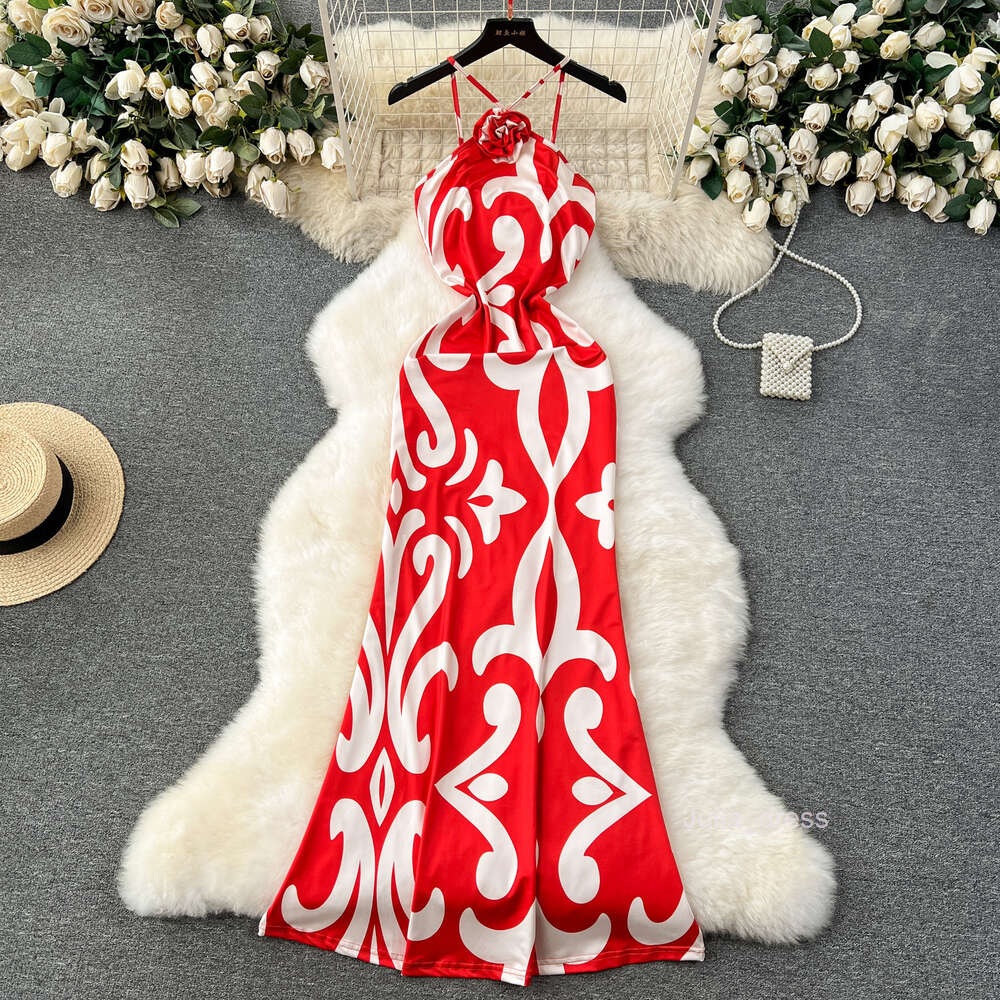 High end dress with a sense of luxury high-end design printing slim fit long and sexy hanging neck strap dress for women